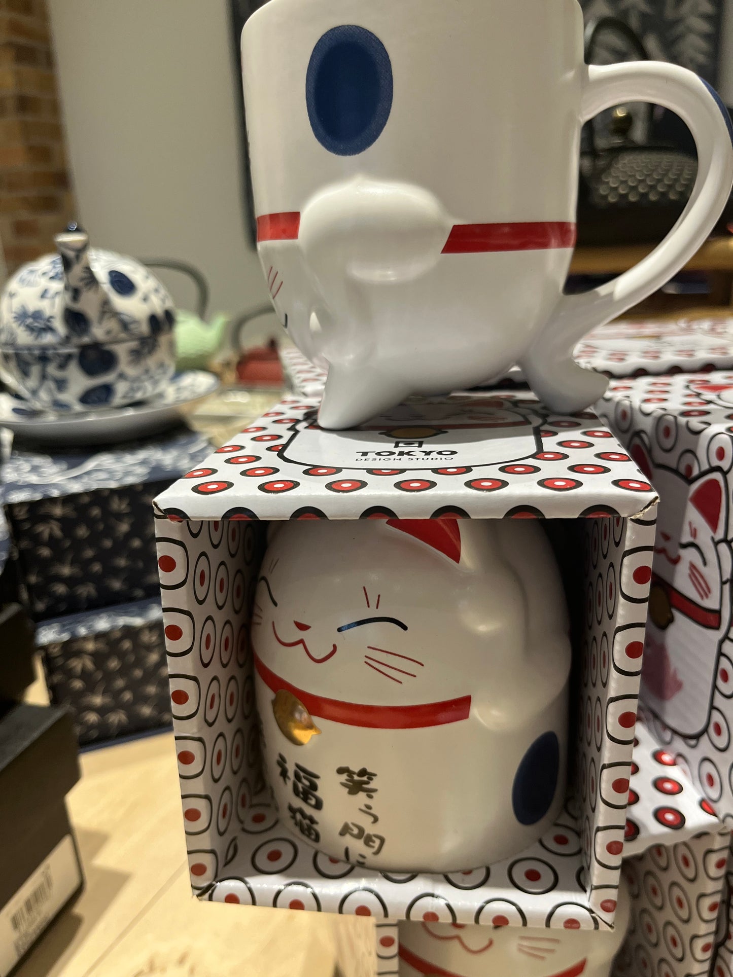 Tekopp Lucky cat blå